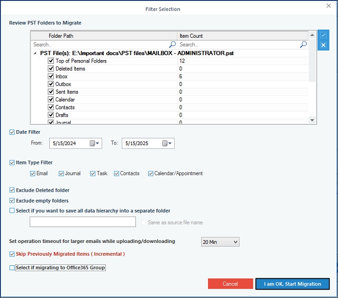 Review PST files and apply filters